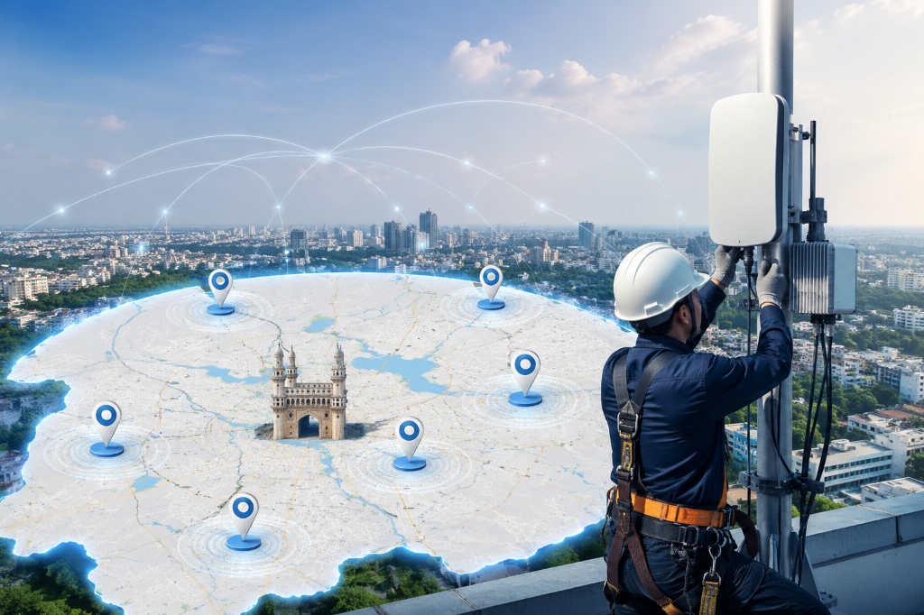 Telecom Engineer Installing Signal Booster with Hyderabad Map
